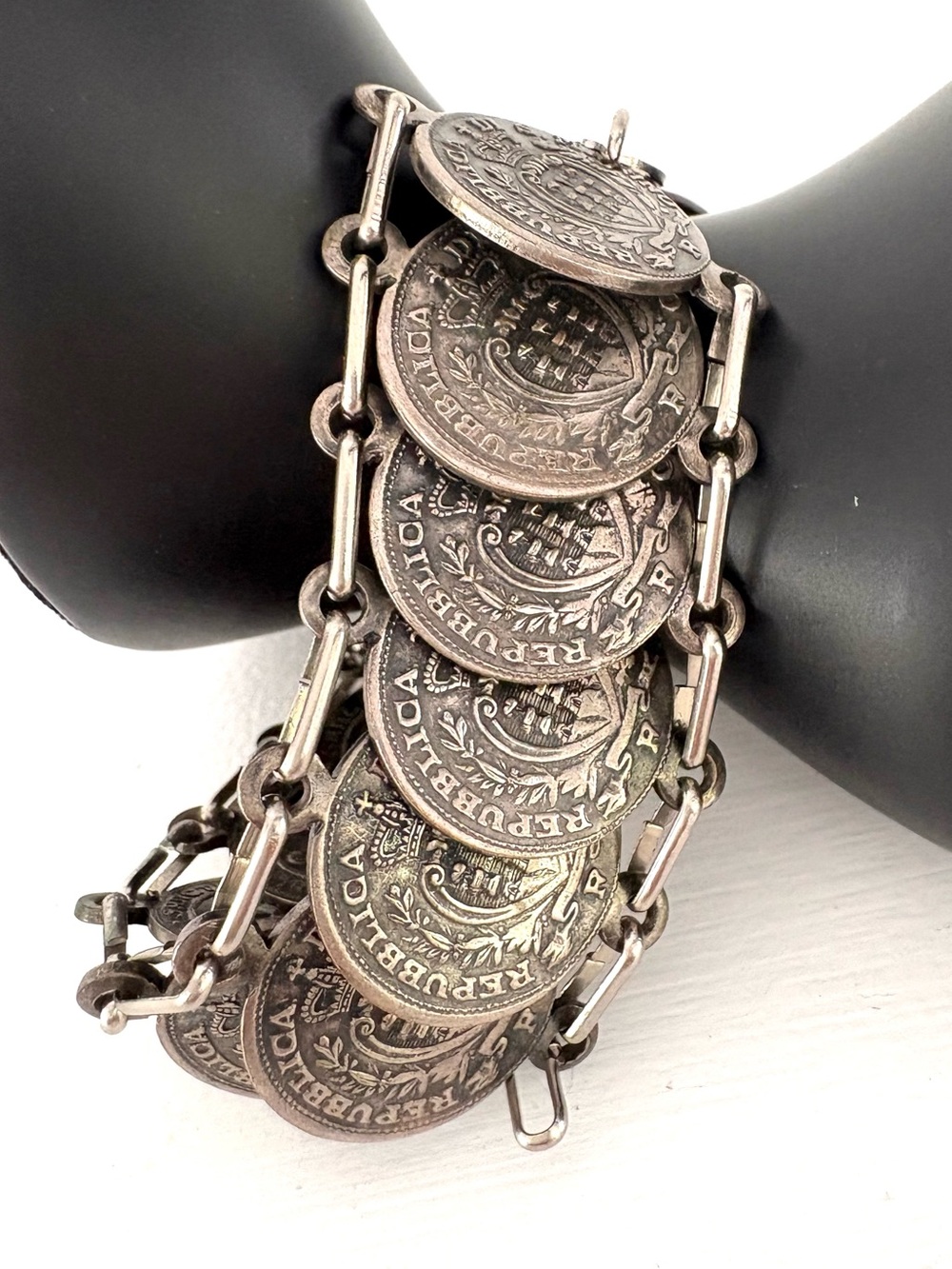 Vintage Coin Charm Bracelet Antiqued Silver Tone Italy